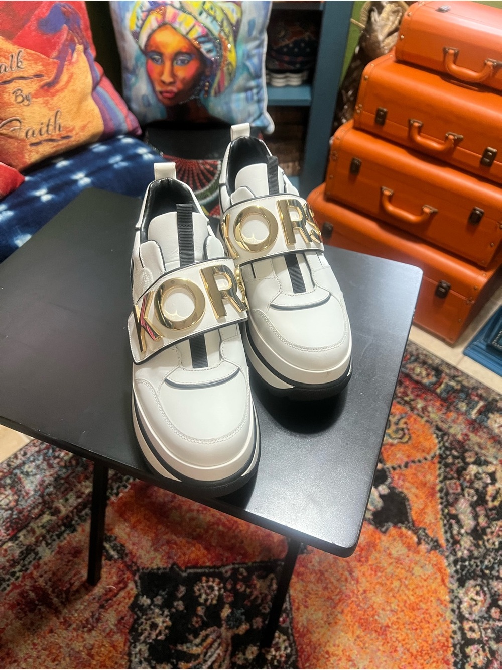 Michael Kors White and Gold Logo Strap Slip-On Sneakers